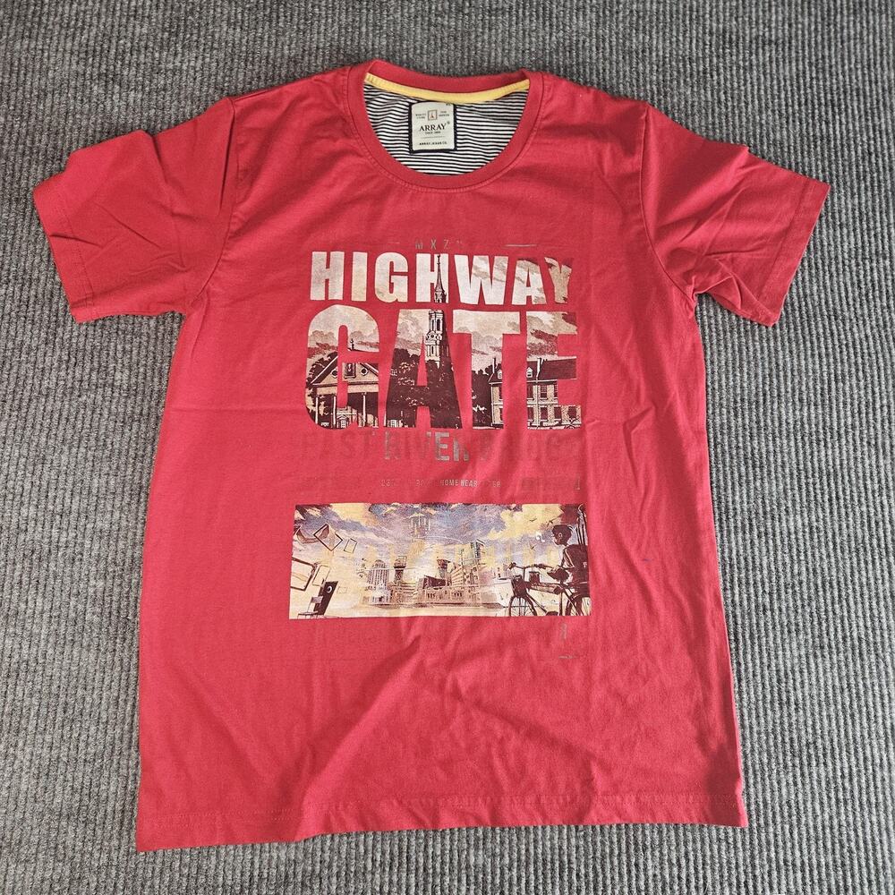 Array Shirt Mens Extra Large Red Highway Gate Graphic T-Shirt Bicycle Cityscape